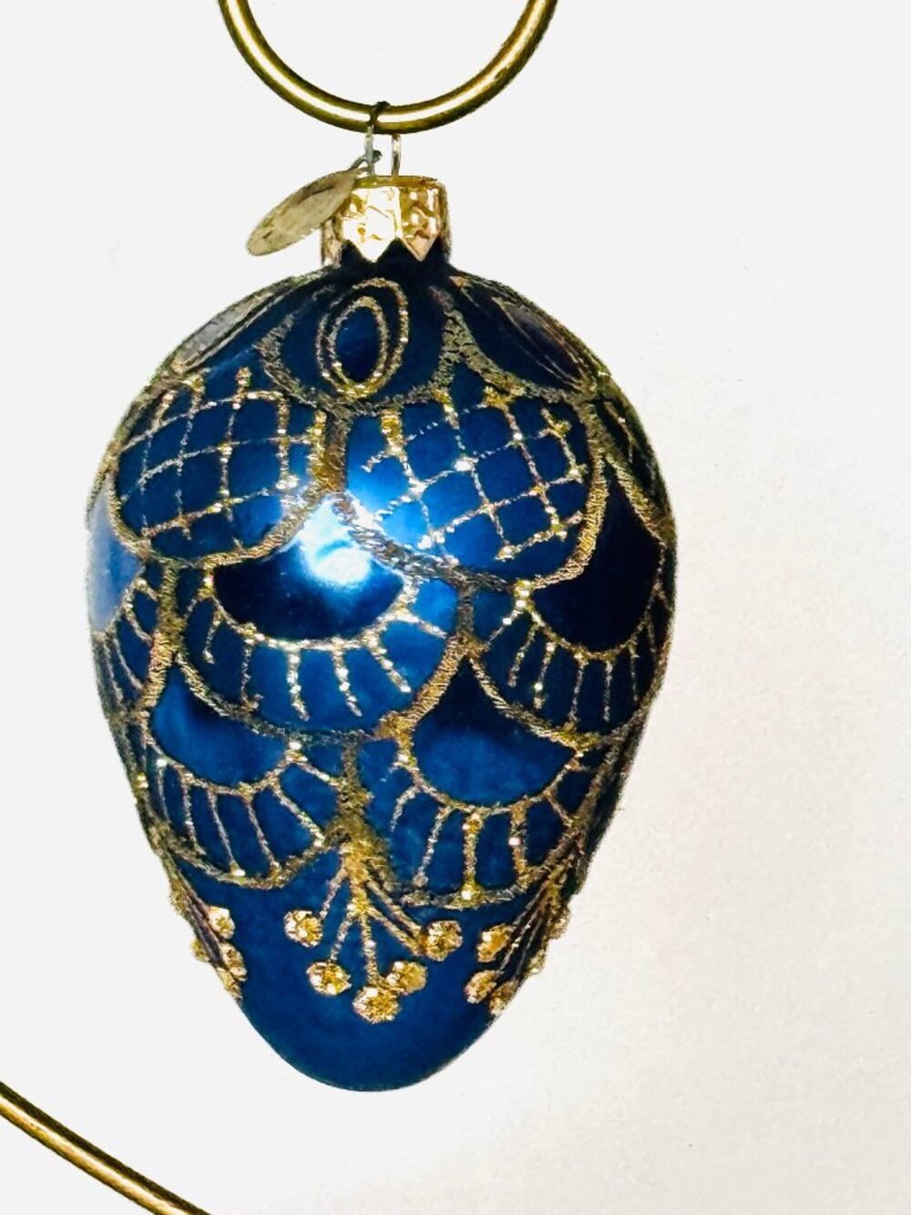 4" Faberge Inspired Glass Blue Gold Glitter Christmas Egg Ornament Hand Painted